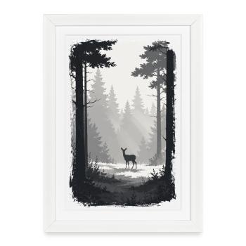 Cerf minimaliste dans la forêt nuageuse - Affiche encadrée (27 × 37 cm) - blanc - Devant