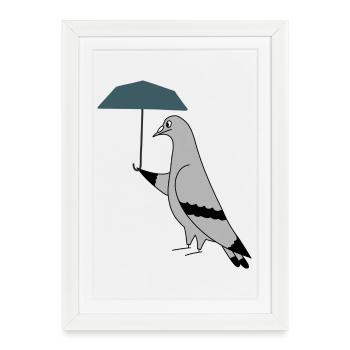 Pigeon with Umbrella – Urban Minimal Illustration - Framed poster (27 × 37 cm) - white - Front