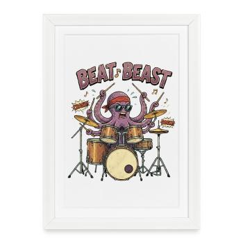 Beat Beast – Retro Comic Octopus Drummer Drum - Framed poster (27 × 37 cm) - white - Front
