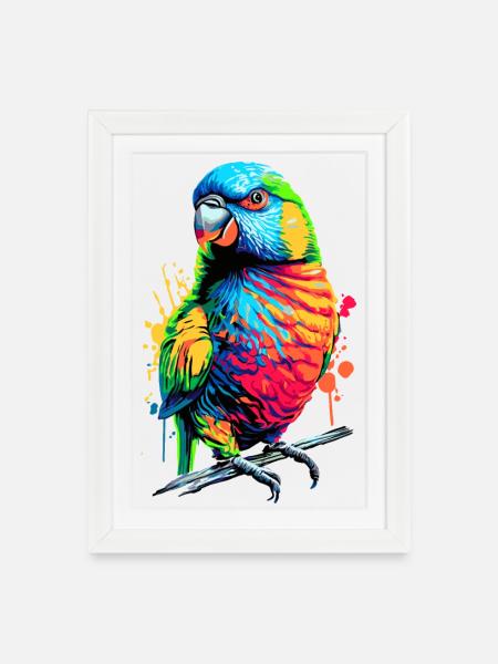 Allfarblori Papagei Lori - Regenbogenlori Papagei - Gerahmtes Poster (27 × 37 cm) - Weiß