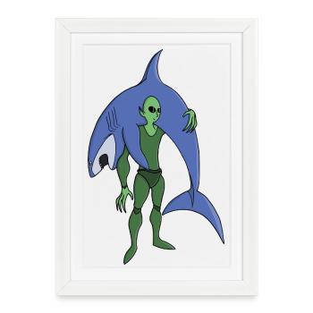 Plongeur extraterrestre avec requin, science-fiction amusante - Affiche encadrée (27 × 37 cm) - blanc - Devant