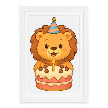 Lion avec gâteau d’anniversaire - Affiche encadrée (27 × 37 cm) - blanc - Devant