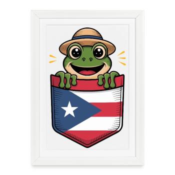 Porto Rico Coqui Avec Chapeau De Paille Dans Le Drapeau - Affiche encadrée (27 × 37 cm) - blanc - Devant