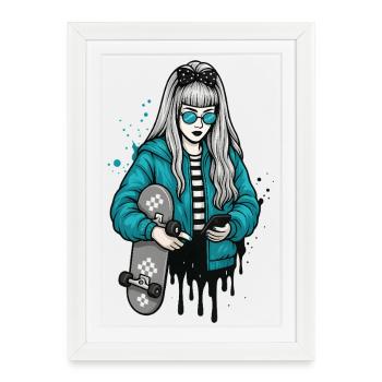 Illustration d’art de rue Skater Girl Urbaine - Affiche encadrée (27 × 37 cm) - blanc - Devant