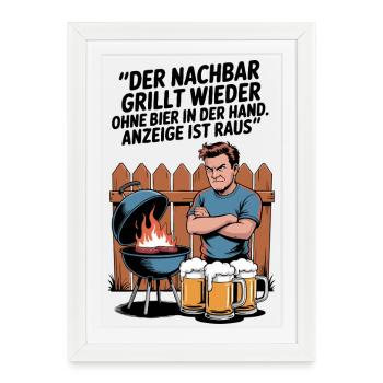 Grill Joke Beer Motif Neighbor Illustration - Framed poster (27 × 37 cm) - white - Front