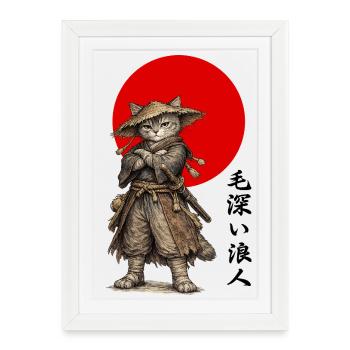Cat Ronin Samurai Under Red Sun - Framed poster (27 × 37 cm) - white - Front
