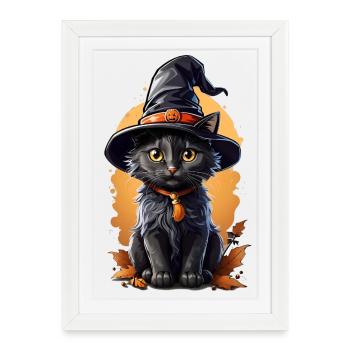 Chat d’Halloween avec Chapeau de Sorcière - Affiche encadrée (27 × 37 cm) - blanc - Devant