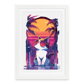 Cats Neon Sunset - Framed poster (27 × 37 cm) - white - Front