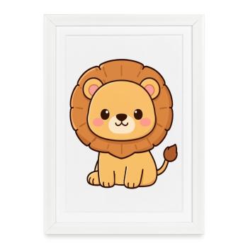 Lion Kawaii Cadeau pour l’anniversaire des enfants - Affiche encadrée (27 × 37 cm) - blanc - Devant