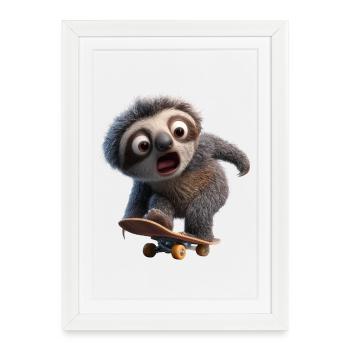 Faultier auf Skateboard Lustig Langsam Cool - Gerahmtes Poster (27 × 37 cm) - Weiß - Vorne
