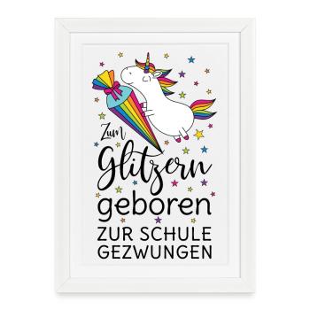 Inscription scolaire : licorne à école née à paillettes - Affiche encadrée (27 × 37 cm) - blanc - Devant