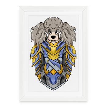Caniche de race de chien Chevalier avec armure - Affiche encadrée (27 × 37 cm) - blanc - Devant