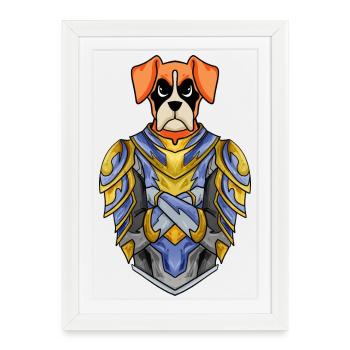 Knight Dog Dog Race Boxer allemand avec armure - Affiche encadrée (27 × 37 cm) - blanc - Devant