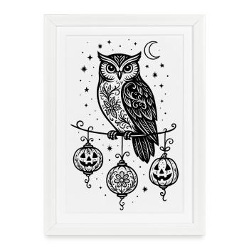 Halloween Owl with Pumpkins & Stars - Framed poster (27 × 37 cm) - white - Front