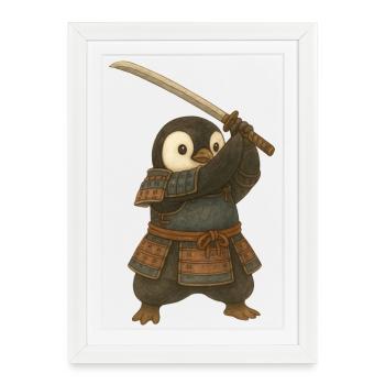 Pingouin, Samouraï, Katana, Épée, Arts martiaux, Japon - Affiche encadrée (27 × 37 cm) - blanc - Devant