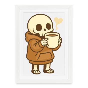Squelette Douillet au Café – Kawaii Cute - Affiche encadrée (27 × 37 cm) - blanc - Devant