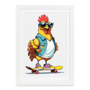 Poulet patineur en denim - Affiche encadrée (27 × 37 cm) - blanc - Devant