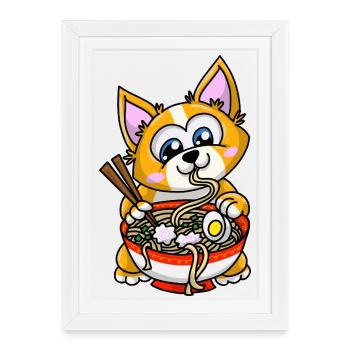 Ramen de chien corgi Kawaii Mignonne amoureuse des nouilles japonaises - Affiche encadrée (27 × 37 cm) - blanc - Devant