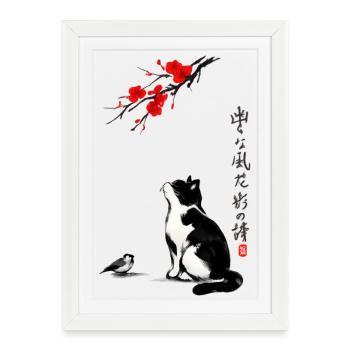 Cat Japan Sakura and Calligraphy Zen - Framed poster (27 × 37 cm) - white - Front