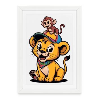 Lion et Singe mignons – Meilleurs amis - Affiche encadrée (27 × 37 cm) - blanc - Devant