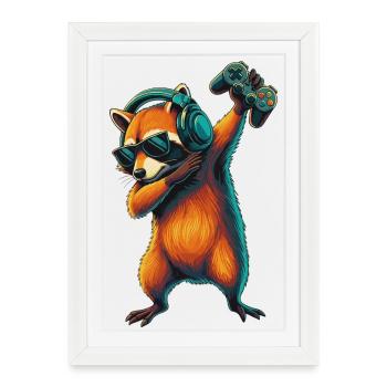 Gamer Raccoon Trash Panda Video Games Art - Affiche encadrée (27 × 37 cm) - blanc - Devant