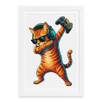 Gamer Chaton jouant à des jeux vidéo Art - Affiche encadrée (27 × 37 cm) - blanc - Devant