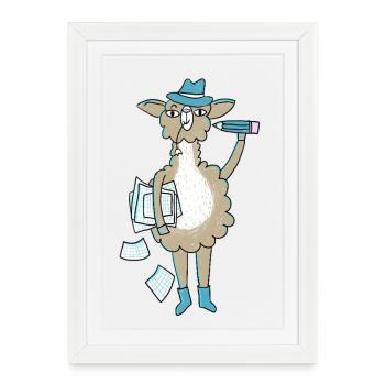 Llama with blue hat and writing utensils - Framed poster (27 × 37 cm) - white - Front