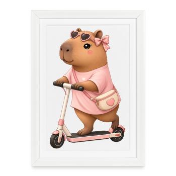 Trottinette électrique Capybara Girl - Affiche encadrée (27 × 37 cm) - blanc - Devant