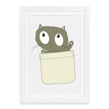 Chat Curieux dans la Poche - Affiche encadrée (27 × 37 cm) - blanc - Devant