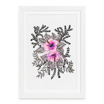 Motif d’hibiscus rose avec des feuilles noires et blanches - Affiche encadrée (27 × 37 cm) - blanc - Devant