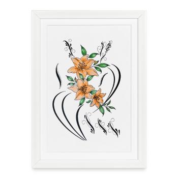 Lys orange avec des lignes décoratives en filigrane - Affiche encadrée (27 × 37 cm) - blanc - Devant