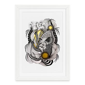 Flowing flower line with gold accents - Framed poster (27 × 37 cm) - white - Front