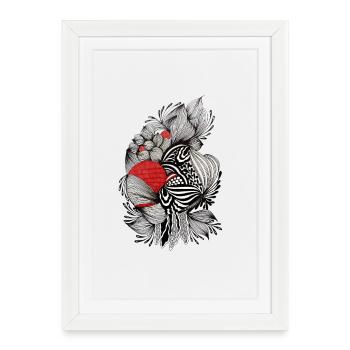 Schwarz-Weiß Blüten mit rotem Akzent - Gerahmtes Poster (27 × 37 cm) - Weiß - Vorne