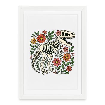 T Rex Skeleton with Flowers - Framed poster (27 × 37 cm) - white - Front