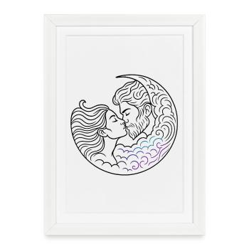 Moon kiss with wavy arc kissing loving couple - Framed poster (27 × 37 cm) - white - Front