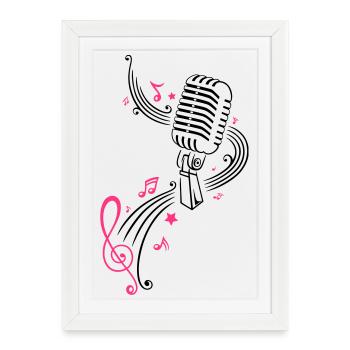 Retro microphone with music notes and clef. - Framed poster (27 × 37 cm) - white - Front