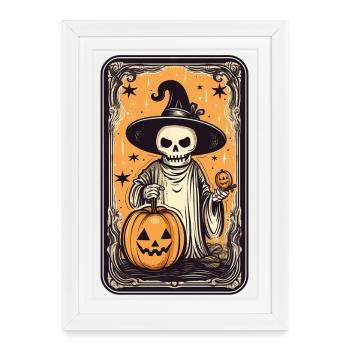 Carte squelette de sorcières de tarot à la citrouille - Affiche encadrée (27 × 37 cm) - blanc - Devant