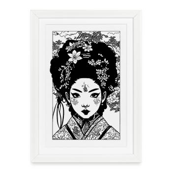 Dessin d’une geisha de bande dessinée manga en kimono - Affiche encadrée (27 × 37 cm) - blanc - Devant