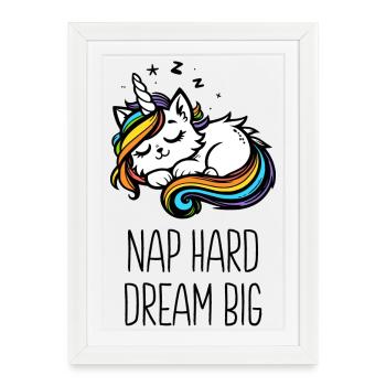 Sieste difficile rêver grand, chat licorne endormi (coloré) - Affiche encadrée (27 × 37 cm) - blanc - Devant
