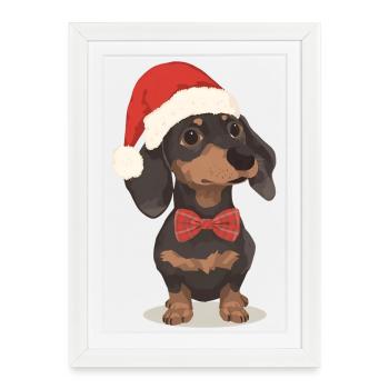 Teckel de Noël avec chapeau et nœud papillon - Affiche encadrée (27 × 37 cm) - blanc - Devant