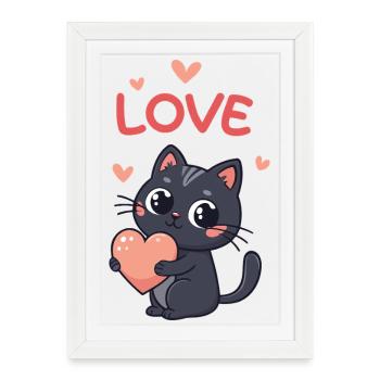 Kawaii Cat Pink Heart Love - Framed poster (27 × 37 cm) - white - Front