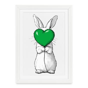Illustration mignonne de lapin tenant un cœur vert - Affiche encadrée (27 × 37 cm) - blanc - Devant