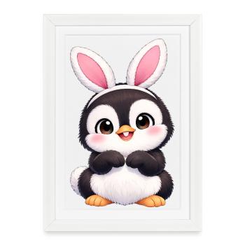 Petit ami mignon Pingouin Lapin de Pâques Oreilles - Affiche encadrée (27 × 37 cm) - blanc - Devant