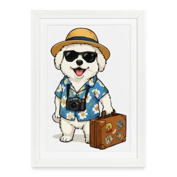 Chien de voyage avec appareil photo dans un look hawaïen - Affiche encadrée (27 × 37 cm) - blanc - Devant