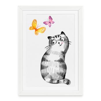 Chat aux papillons – Conception de croquis - Affiche encadrée (27 × 37 cm) - blanc - Devant