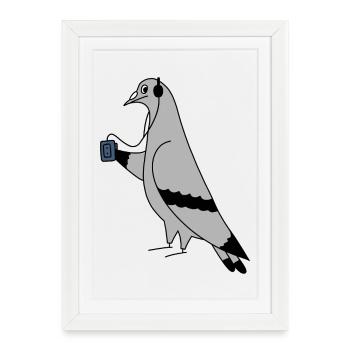 Pigeon with Headphones and Cassette Player – Urban - Framed poster (27 × 37 cm) - white - Front