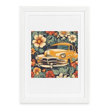 Voiture ancienne dans le cosmos fleuri - Affiche encadrée (27 × 37 cm) - blanc - Devant
