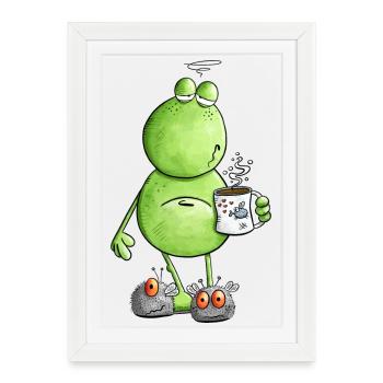 Fatigué matin grouch grenouille j’ai trop dormi je café - Affiche encadrée (27 × 37 cm) - blanc - Devant