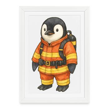 Mignon pingouin pompier héros de la sécurité - Affiche encadrée (27 × 37 cm) - blanc - Devant