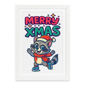 Raton laveur de Noël sur patins - Affiche encadrée (27 × 37 cm) - blanc - Devant